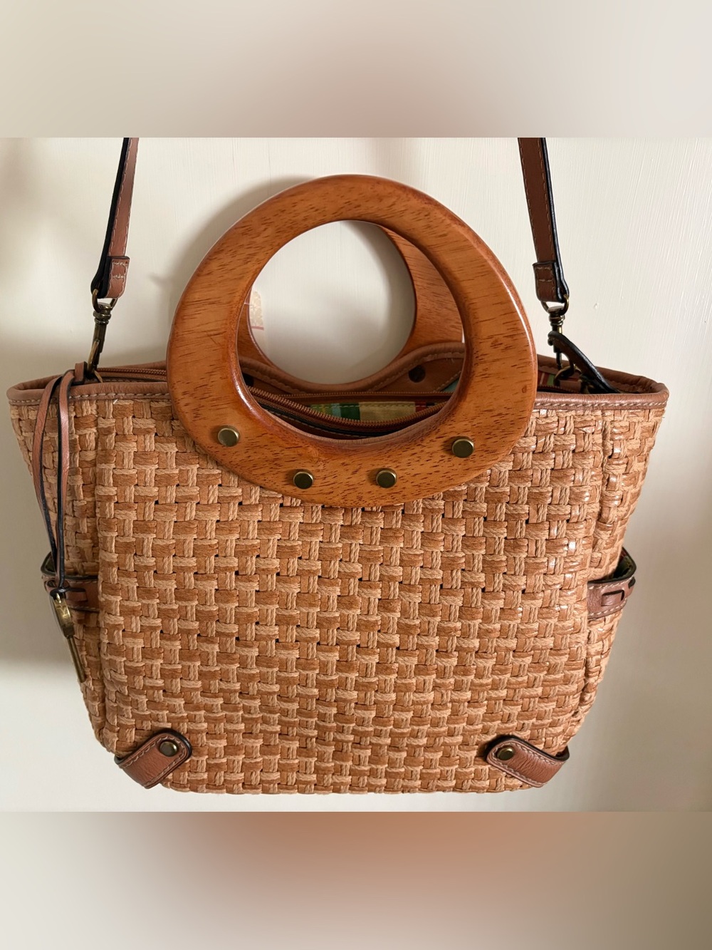 Fossil Tan Woven Tote with Circular Wood Handles - Picture 2 of 14